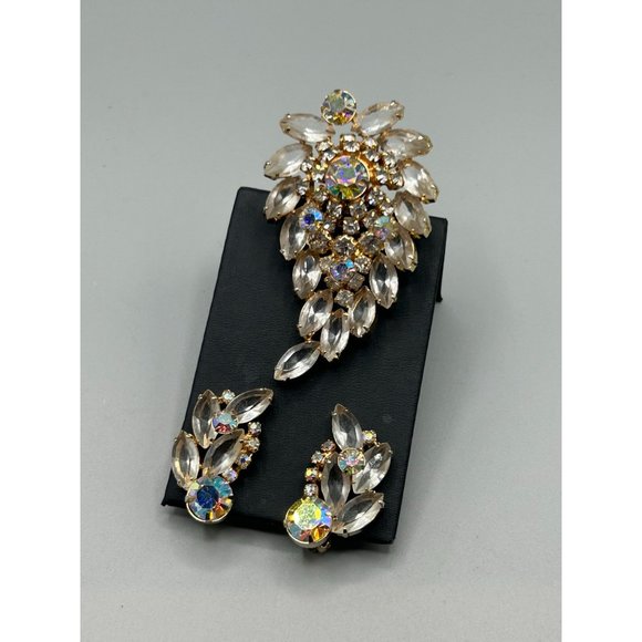 Vintage Rhinestones Brooch & Clip On Earrings Set Clear Stones AB Stones Finish - Picture 6 of 10